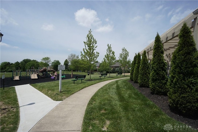 view of home's community with a yard and playground community