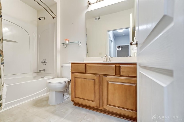 full bath featuring shower / bath combo, visible vents, vanity, and toilet