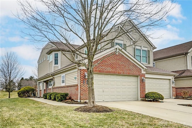 view of front of home featuring concrete driveway, brick siding, and a front lawn