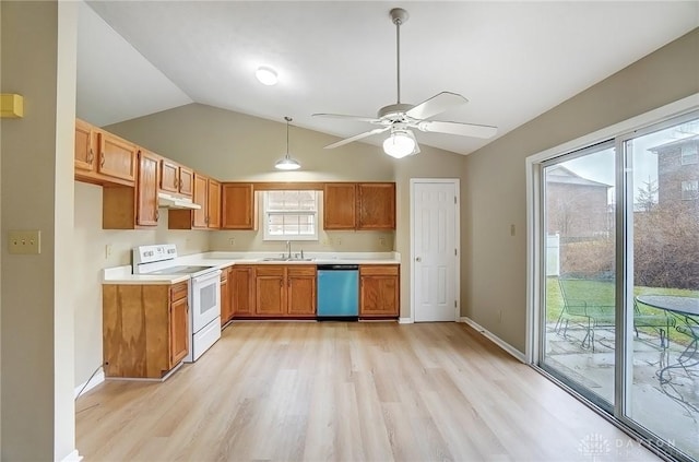 kitchen featuring a sink, under cabinet range hood, white electric stove, light countertops, and dishwasher