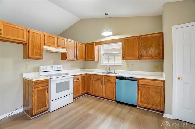 kitchen with white electric range, under cabinet range hood, a sink, light countertops, and dishwasher