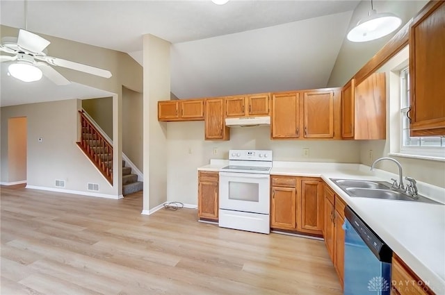 kitchen with under cabinet range hood, light countertops, dishwashing machine, white electric range oven, and a sink