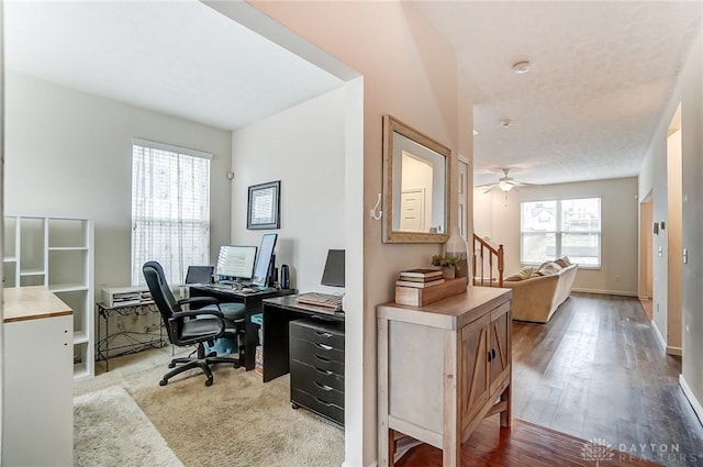 office area featuring ceiling fan, hardwood / wood-style floors, and baseboards