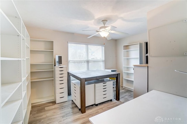 walk in closet featuring light wood finished floors and a ceiling fan