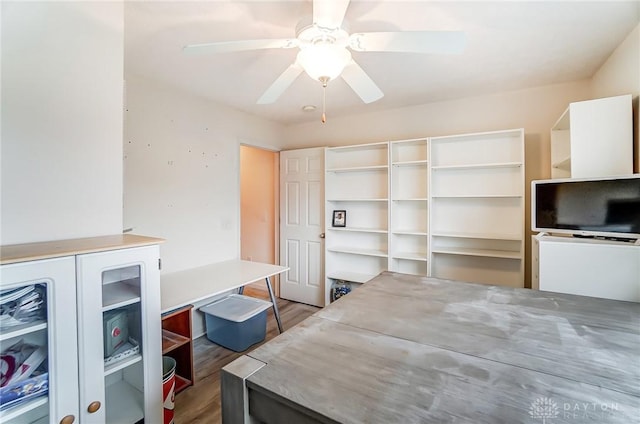 bedroom with ceiling fan and wood finished floors