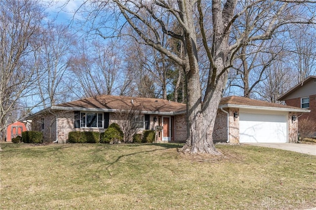 ranch-style house featuring a garage, brick siding, driveway, and a front lawn