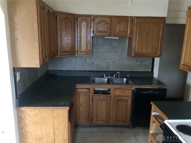 kitchen with dishwasher, electric range oven, backsplash, and a sink