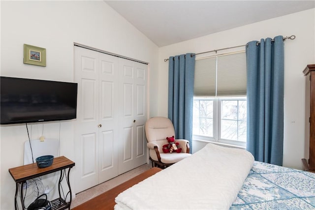 bedroom with lofted ceiling and a closet