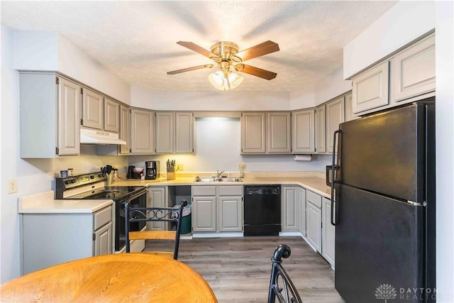 kitchen featuring black appliances, gray cabinets, and under cabinet range hood