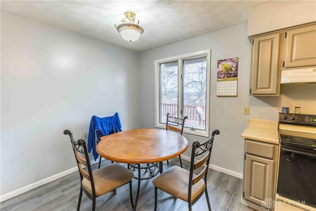 dining space with light wood-style flooring, baseboards, and a textured ceiling