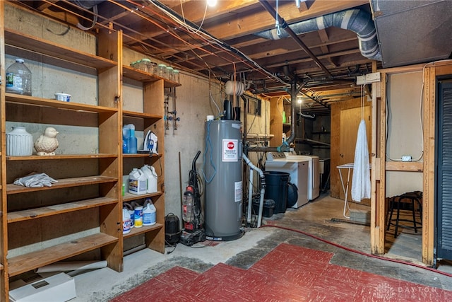 unfinished below grade area with washer and clothes dryer and electric water heater