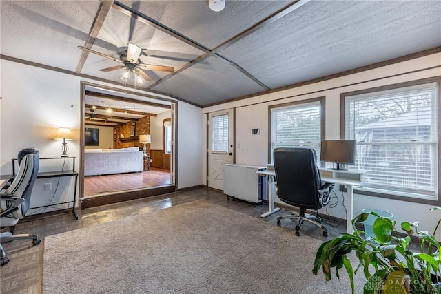 office area featuring ceiling fan, a textured ceiling, and wood finished floors