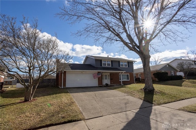 traditional-style home featuring a garage, brick siding, fence, driveway, and a front lawn