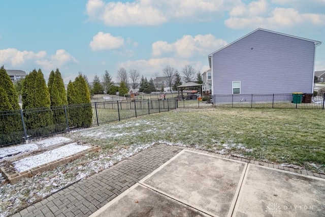 view of yard featuring a gazebo, a patio, and fence