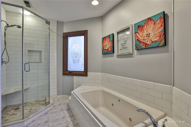 bathroom featuring a jetted tub, a shower stall, visible vents, and recessed lighting