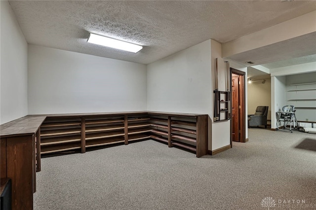 finished below grade area featuring a textured ceiling and carpet flooring