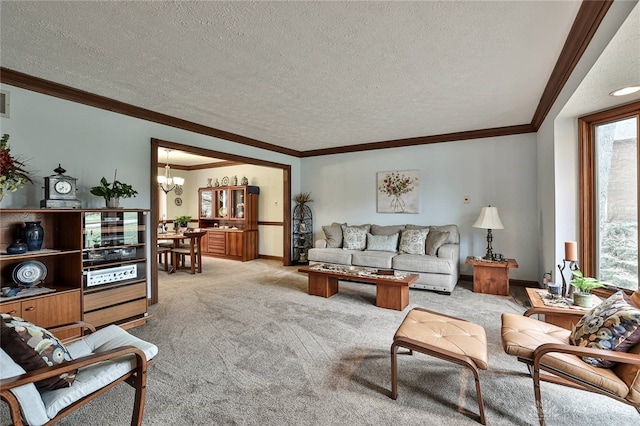 living room with a chandelier, light carpet, and a textured ceiling