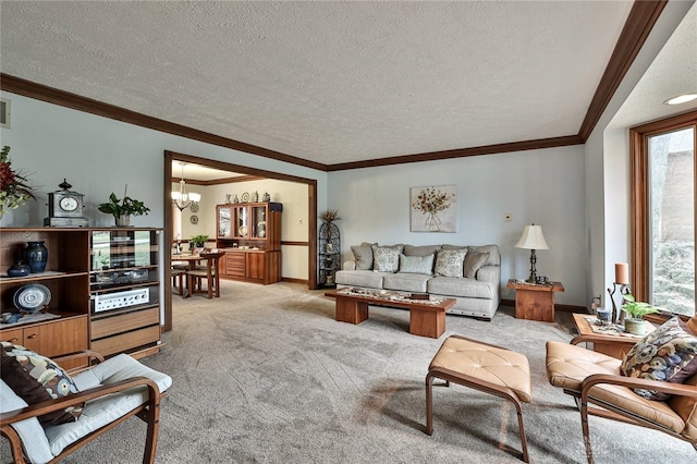 439 Claxton Glen Ct, Dayton, OH 45429 - living room featuring a chandelier, a textured ceiling, light carpet, baseboards, and ornamental molding