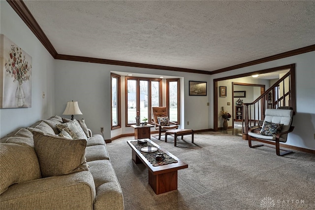 living room with crown molding, carpet flooring, and baseboards