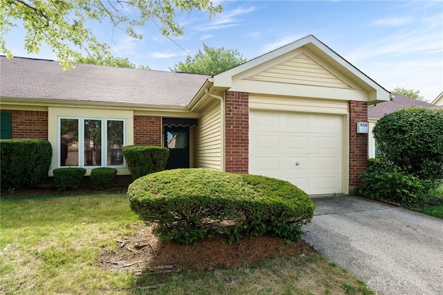 ranch-style house featuring a garage, concrete driveway, brick siding, and roof with shingles