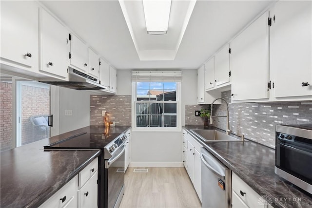 kitchen featuring under cabinet range hood, a sink, white cabinets, appliances with stainless steel finishes, and light wood finished floors