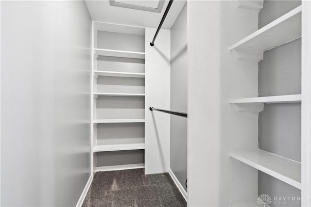 spacious closet featuring dark colored carpet