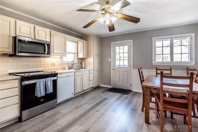 kitchen featuring stainless steel appliances, crown molding, a sink, and backsplash