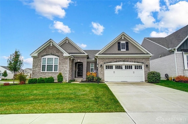 craftsman-style house featuring an attached garage, a front lawn, and concrete driveway