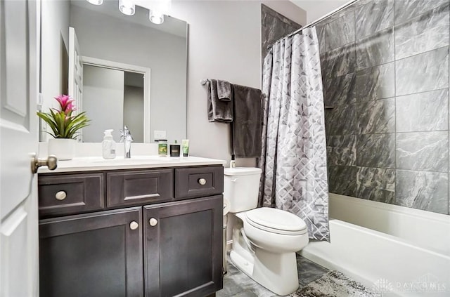 bathroom with shower / bath combo with shower curtain, vanity, and toilet