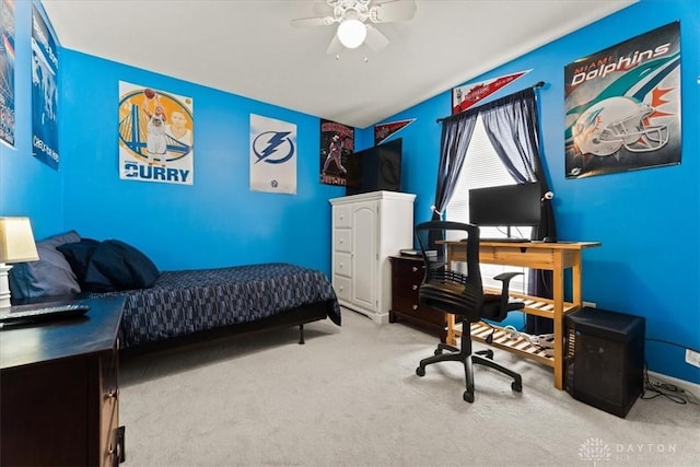 bedroom with carpet, baseboards, and a ceiling fan