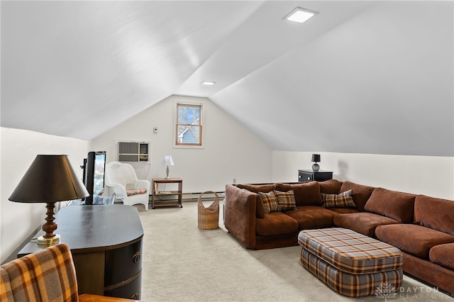 carpeted living room featuring vaulted ceiling and a wall mounted air conditioner