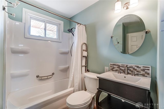 bathroom featuring toilet, shower / tub combo, decorative backsplash, and vanity