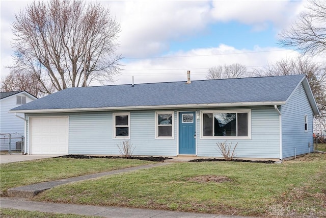 ranch-style home with a garage, a front yard, and a shingled roof