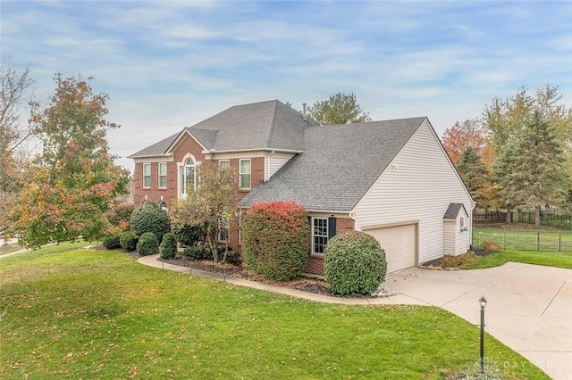 view of front facade featuring a shingled roof, concrete driveway, brick siding, and a front lawn