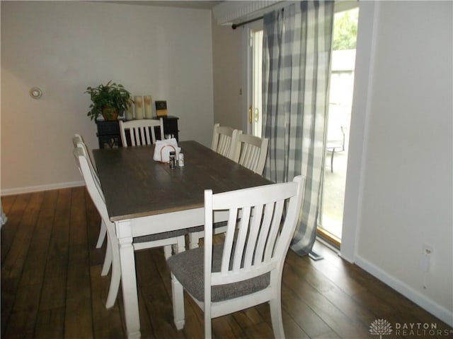 dining room with wood-type flooring and baseboards