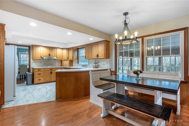 kitchen with freestanding refrigerator, a healthy amount of sunlight, light countertops, and decorative backsplash