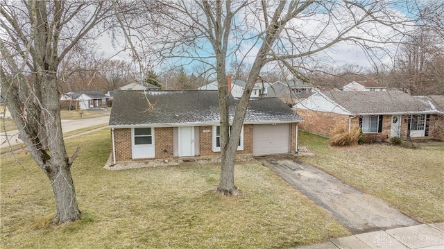 ranch-style house with aphalt driveway, an attached garage, brick siding, roof with shingles, and a front yard