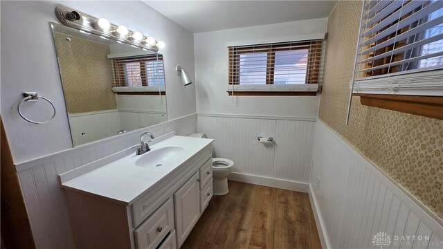 bathroom featuring toilet, wainscoting, wood finished floors, and vanity