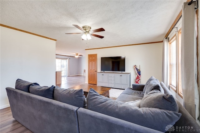 living area with ceiling fan, a textured ceiling, ornamental molding, and wood finished floors