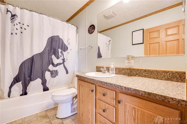 bathroom featuring a textured ceiling, toilet, shower / bath combination with curtain, and vanity