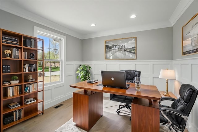 6976 Rosecliff Pl, Dayton, OH 45459 - office featuring a decorative wall, crown molding, light wood-style floors, a wainscoted wall, and recessed lighting