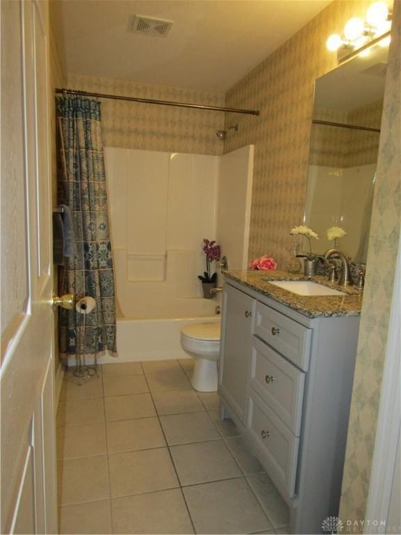 bathroom with wallpapered walls, visible vents, toilet, tile patterned floors, and shower / bath combo with shower curtain