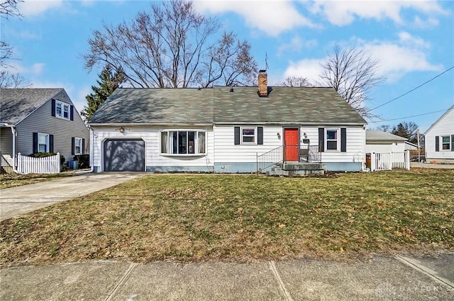 view of front of home with a chimney, concrete driveway, an attached garage, fence, and a front lawn