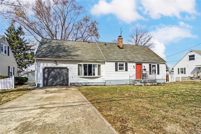 view of front of property featuring an attached garage, fence, concrete driveway, a front lawn, and a chimney