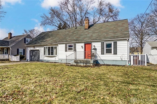 new england style home featuring a front yard, concrete driveway, fence, and an attached garage