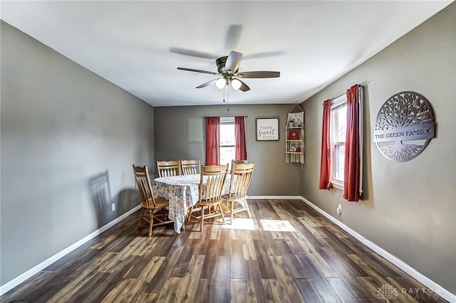 dining room with dark wood-style floors, ceiling fan, and baseboards