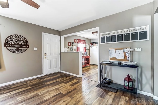 entryway with a ceiling fan, baseboards, and wood finished floors