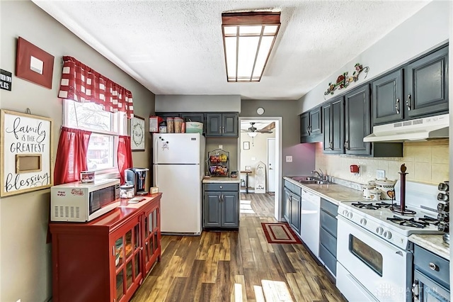 kitchen featuring under cabinet range hood, white appliances, a sink, light countertops, and dark wood finished floors