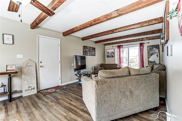 living area with dark wood-type flooring, a ceiling fan, beam ceiling, and baseboards