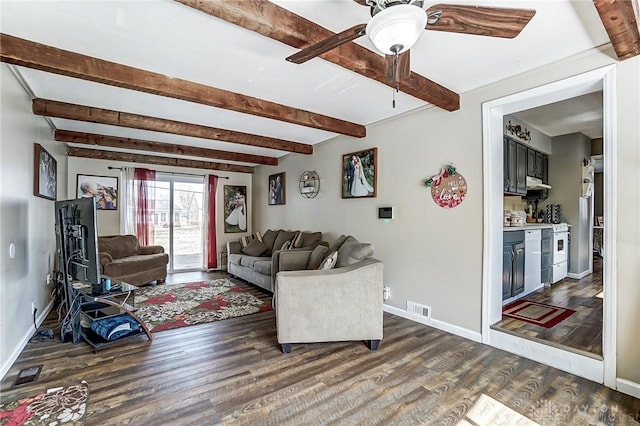 living area with dark wood-style flooring, beam ceiling, visible vents, a ceiling fan, and baseboards